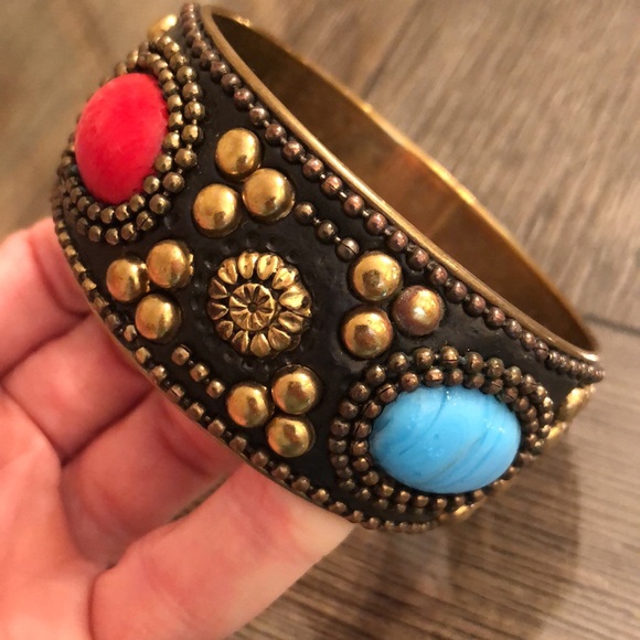 Boho Chic Brass Bangle Glass Cabochons Brass Studs - Picture 3 of 11